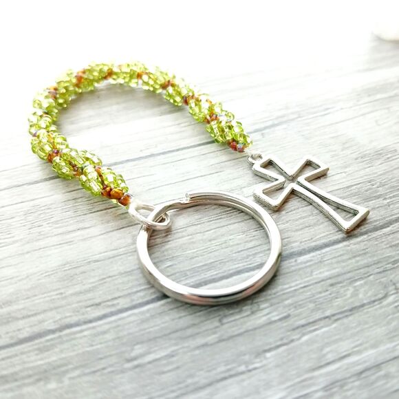 Beaded Cross Keychain, Seed Bead, Green & Brown, 7" - Picture 4 of 5